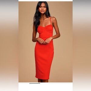 NWT Lulus Charmed and Dangerous Red Bustier Bodycon Midi Dress